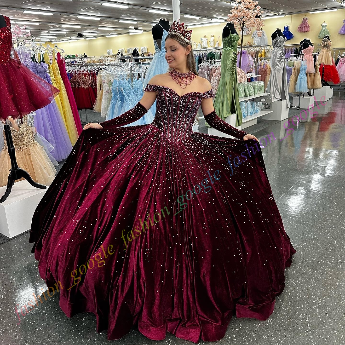 Off-Shoulder Velvet Quinceanera Dress Sparkling Stone Ball Mexican Quince Sweet 15/16 Birthday Party Gown for 15th Girl Drama Winter Formal Prom Gala Detached Sleeve