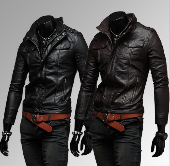 Мужская верхняя одежда, пальто, кожа, осень и зима, новая внешняя торговля, наплечный значок, карман, мульти-молния, мужская кожаная куртка с воротником-стойкой, мотоциклетная кожаная куртка