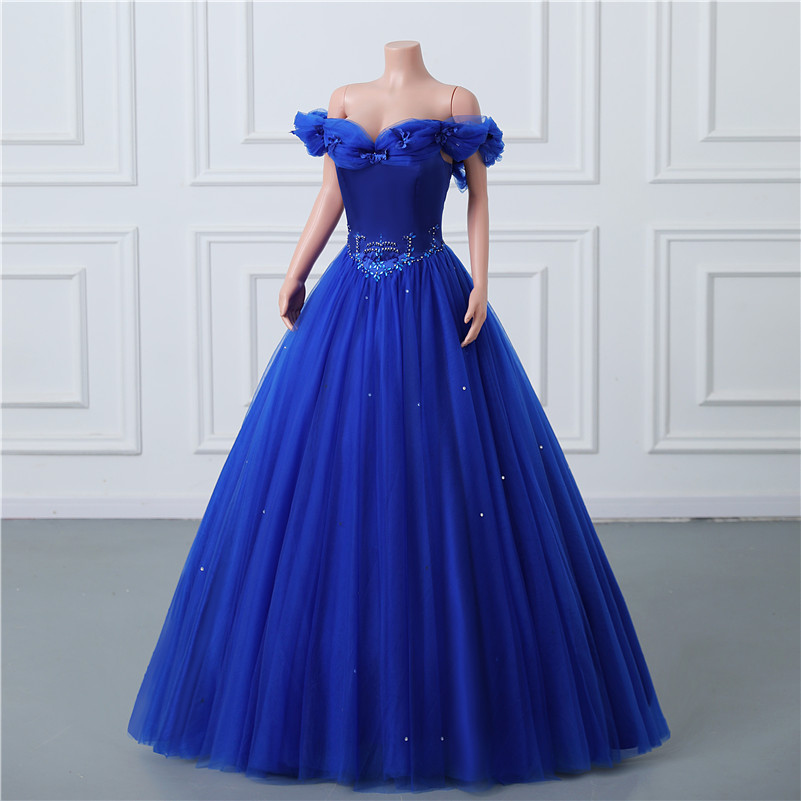 Ballkleid im Prinzessin-Königsblau, elegant, schulterfrei, Perlen, Pailletten, Rüschen, Tüll, lange Partykleider, Korsett-Rücken, süße 15 Quinceanera-Kleider