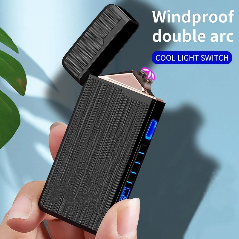 Isqueiro elétrico USB de arco duplo à prova de vento sem chama com display de energia LED presente masculino