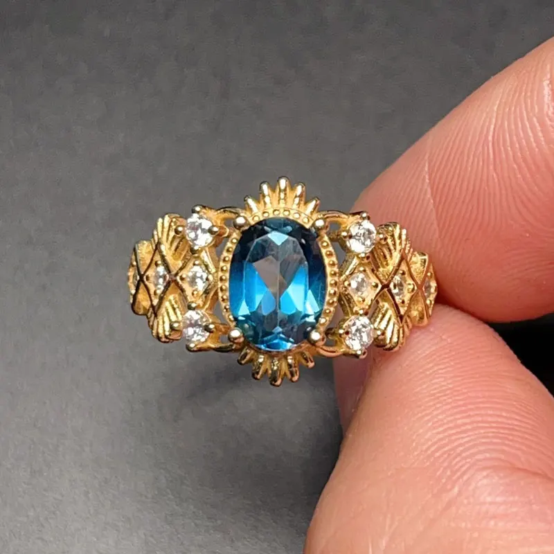 Deep Blue Topaz 925 파티를위한 실버 링 6mmx8mm VVS 등급 1CT 자연 토프 링 3 레이어 18K 골드 도금 실버 보석