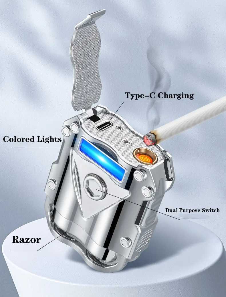 Rasoir électrique Portable type-c, briquet métallique en forme d'armure en tungstène, allumage à Filament, double tête de coupe magnétique, cadeau pour hommes