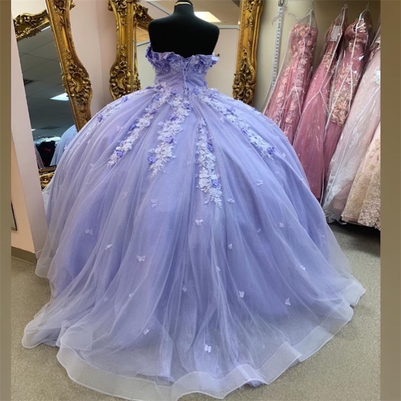 Fifteen Lilac Lavender Quinceanera Dresses Butterfly Charro 2024 Vestidos De Xv 16 Anos Sixteen Birthday Party Gowns Sweetheart Puffy Tulle Flowers Lace Promdress