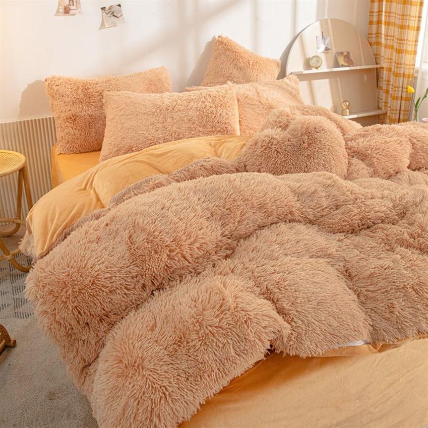 Bedding sets Winter super warm bedding set solid color plush bed sheet duvet cover camel velvet double pillowcase 221014240h