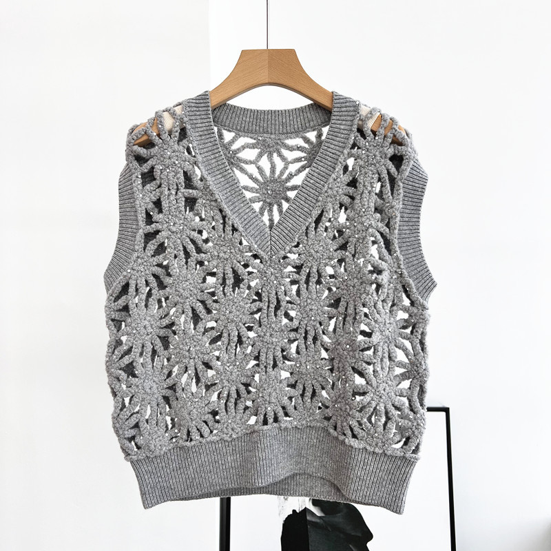 2024 White/Khaki/Navy Blue/Grey Pullovers Designer O Neck Sleeveless Women Sweaters Milan Runway Sequins Wool Vest 1206888