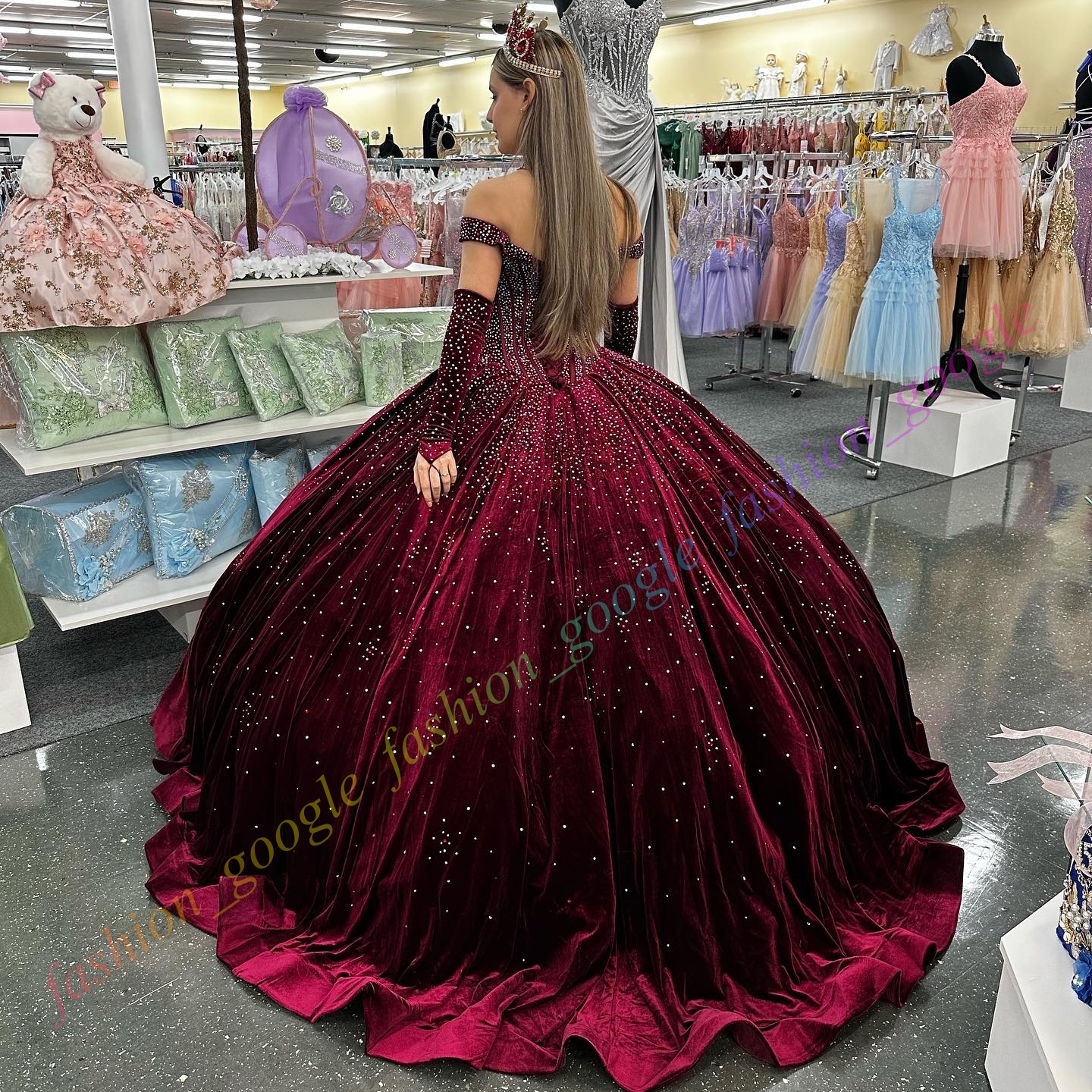 Off-Shoulder Velvet Quinceanera Dress Sparkling Stone Ball Mexican Quince Sweet 15/16 Birthday Party Gown for 15th Girl Drama Winter Formal Prom Gala Detached Sleeve