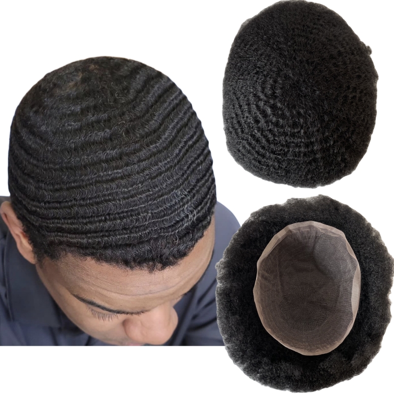 Indian Virgin Human Hair Replacement Root 6mm Wave Kinky Waves 8x10 Swiss Full Lace Toupee for Black Men