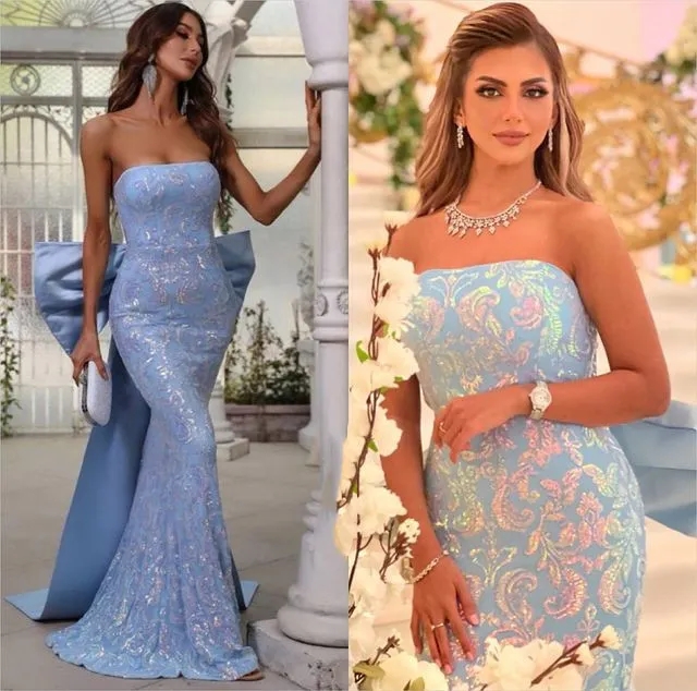 Elegante longo plus size vestidos de noite sem alças cetim sem mangas com laço sereia rendas varredura trem vestidos de festa para mulher