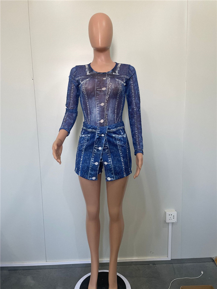 Tute firmate Tute sexy Pantaloncini Due pezzi Set Donna Autunno Manica lunga Abiti trasparenti Stampa denim Vedi attraverso Abiti all'ingrosso sfusi 10404