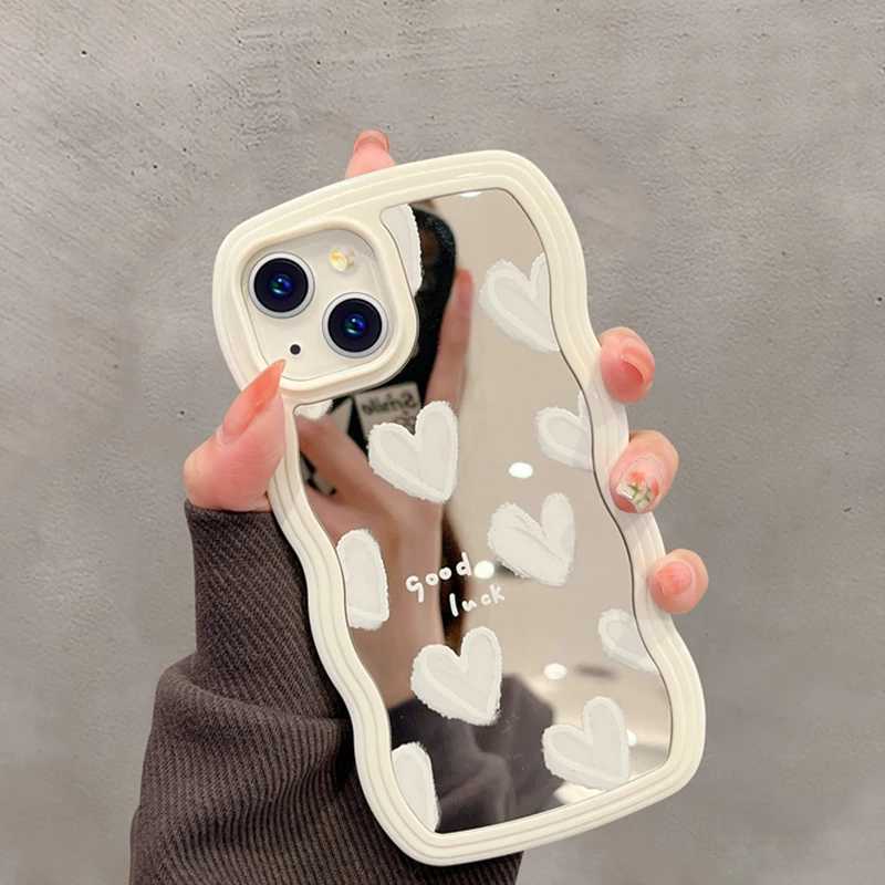 Cell Phone Cases Korean cute white heart-shaped makeup mirror box iPhone 14 15 Pro Max 13 11 12 14 Plus XS X XR shock-absorbing soft cover J240418