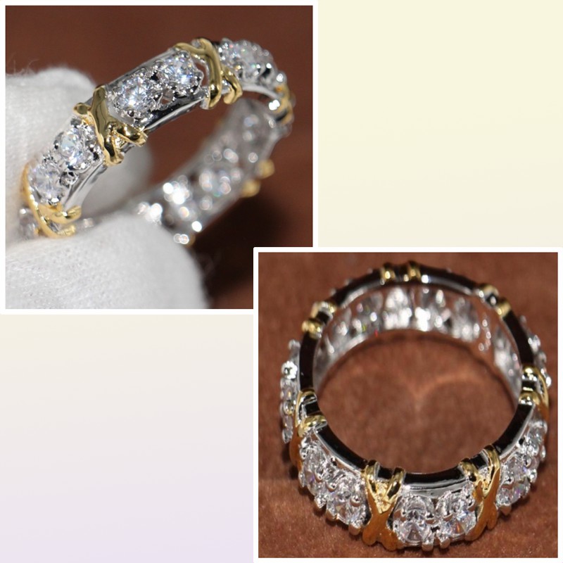 Cała profesjonalna wieczność Diamonique CZ symulowana Diamond 10KT Whiteyellow Gold Expled Wedding Połącz Pierścień Cross Rozmiar 51126056954300256