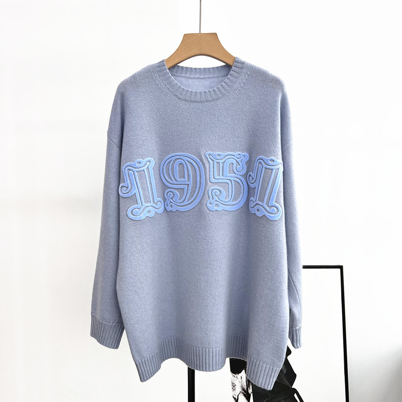 2024 Blue/Purple/Pink Pullovers Designer O Neck Long ärmar Brev Applique Women Sweaters Wool Cashmere Milan Runway Sweaters Womens 12083