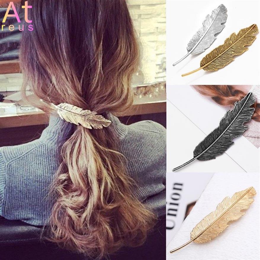 Pinzas para el cabello para mujer, alfileres de estilo de pluma, horquillas de primavera de Color bronce Vintage, ropa de Metal para el cabello, joyería 172p