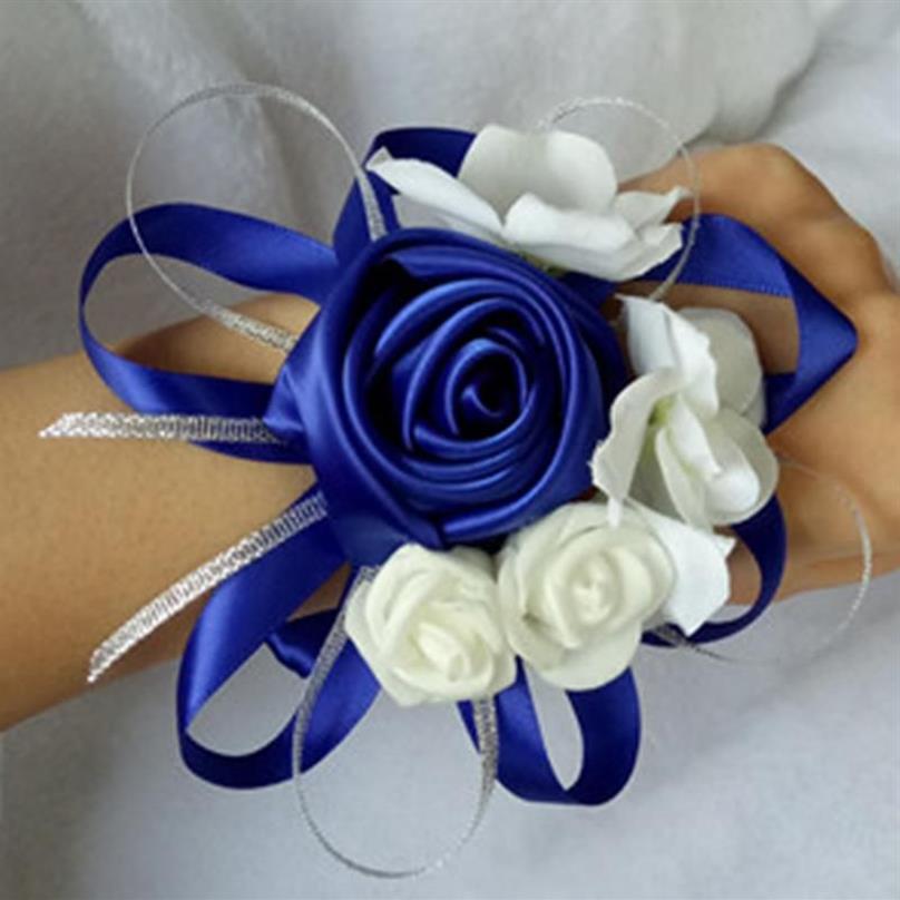 Fait à la main es Mariée Mariage Poignet Corsage Demoiselles d'honneur Soeur Main Fleurs Blanc Bleu Argent Décoration Couronne Décorative 3071