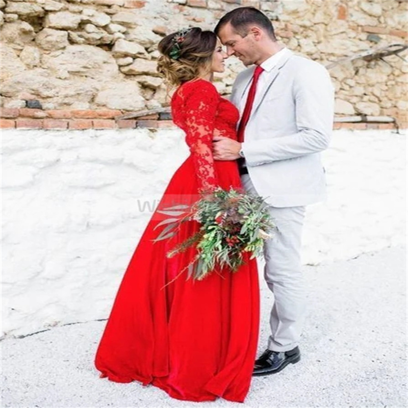 Peri Boho Kırmızı Düğün Elbise 2024 Seksi V Boyun Dantel Uzun Kollu Şifon Gelin Elbise Zarif Bohem Bahçe Gelin Elbise Sonbahar Çiftliği Hedef Ülke Tarzı Mariage