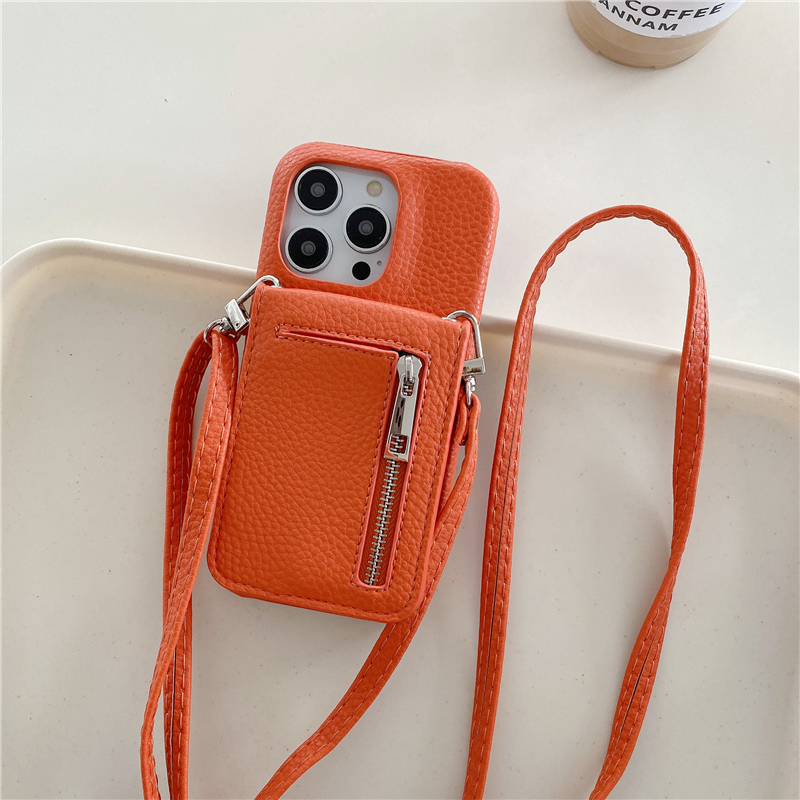 Luxury Crossbody Litchi Pattern Zipper Mirror Phone Case for iPhone 15 Plus 14 13 12 11 Pro Max XR XS Card Slot Lychee Print Leather Wallet Chain Bracket Back Shell