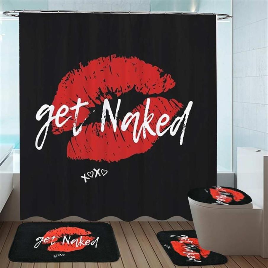 Ensemble de rideaux de salle de bain à lèvres rouges, tapis de bain, rideaux de douche avec crochets, tapis de piédestal antidérapant noir, couverture de toilette 180x180cm299U