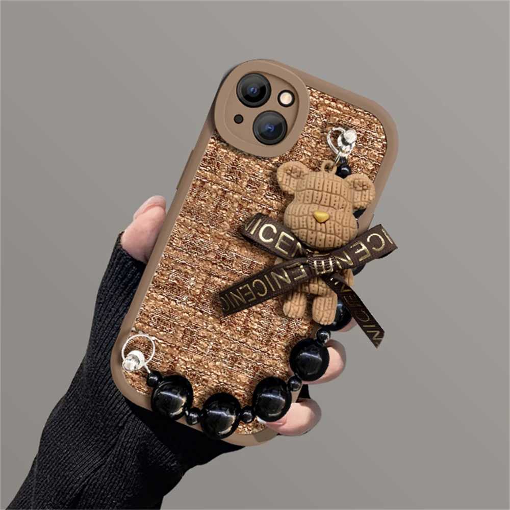 Cell Phone Cases Korean cute cartoon 3D bear wristband with wool plaid soft shell suitable for iPhone 15 14 13 12 Pro Max 11 X XS XR lens protection cover J240418