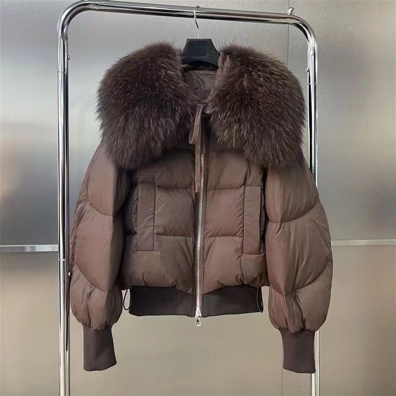 Doudoune courte et ample en duvet d'oie pour femme, veste d'isolation épaisse en duvet d'hiver, capuche zippée, grande fourrure, coupe-vent et imperméable dans la rue