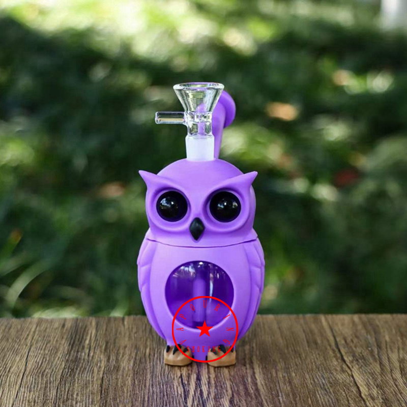 Ny stil Owl Form Colorful Silicone Smoking Bong Pipes Kit Portable Innovative Travel Glass Bubbla Bubbler Filter Tobak Handle Tratt Bowl Waterpipe Holder