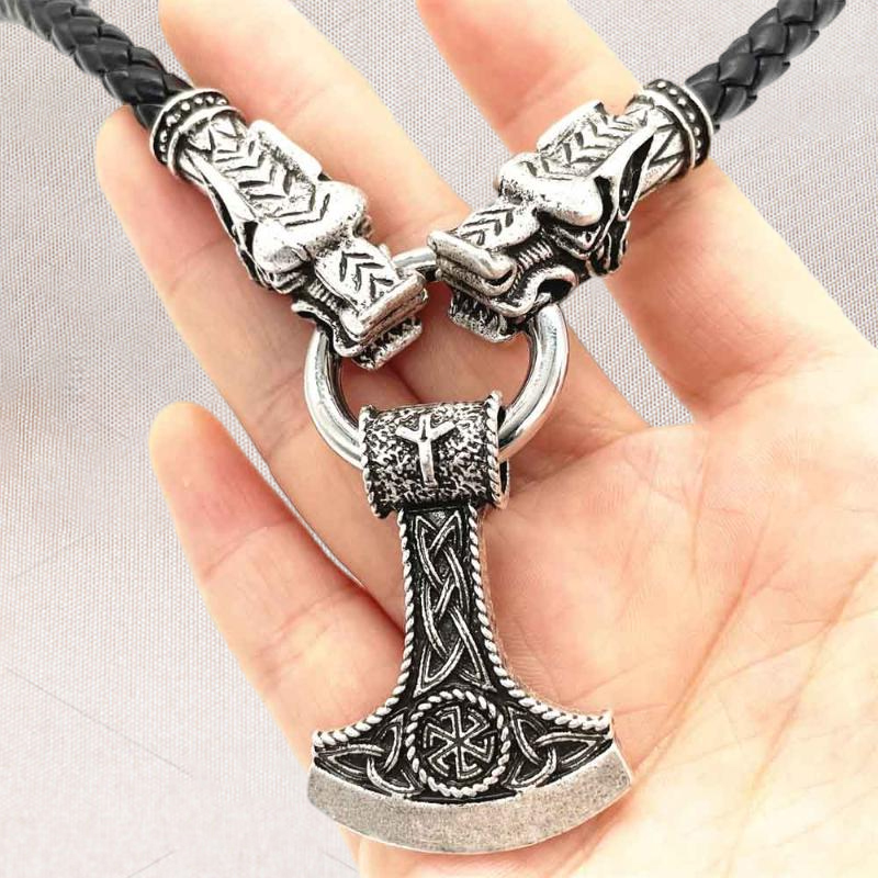 Pendentif Colliers Nostalgie Kolovrat Symbole Slave Perun Axe AlGIZ Rune Viking Têtes de loup Collier en cuir Collier Sautoir L9566380