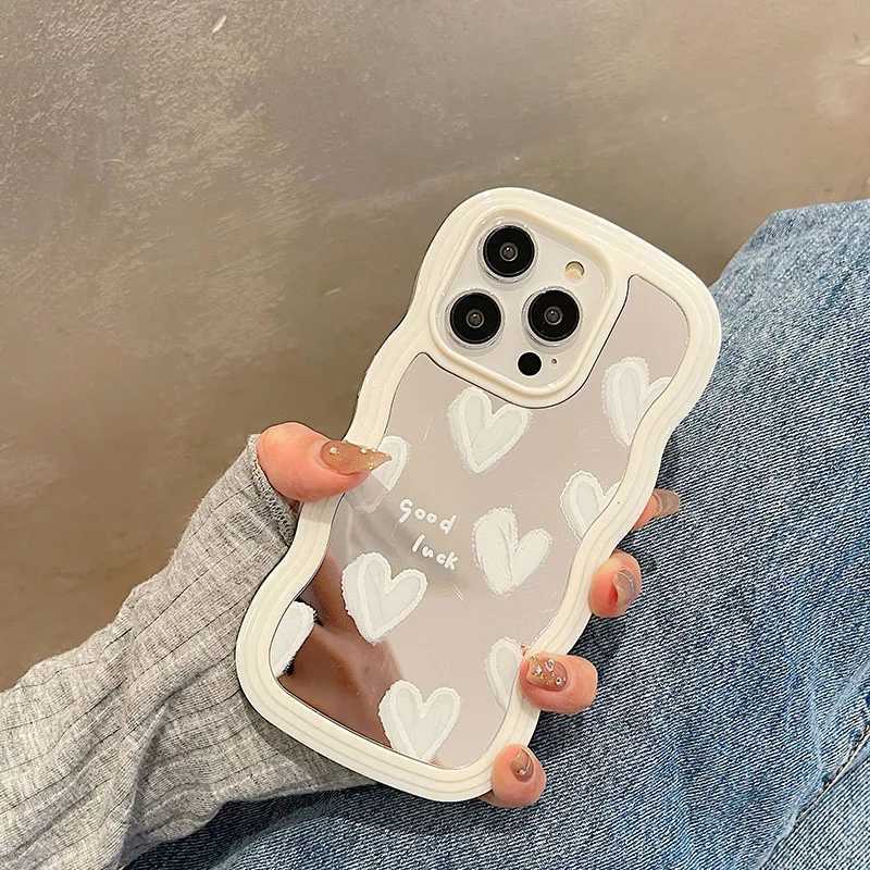 Cell Phone Cases Korean cute white heart-shaped makeup mirror box iPhone 14 15 Pro Max 13 11 12 14 Plus XS X XR shock-absorbing soft cover J240418