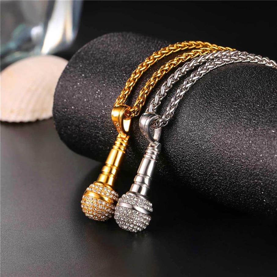 U7 Ice Out Chain Necklace Microphone Pendant Men Women Stainless Steel Gold Color Rhinestone Friend Jewelry Hip Hop P1018 210251S