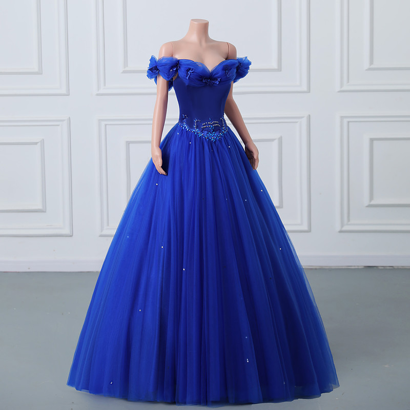 Precioso aplique brillante en 3D con hombros descubiertos, azul real, tul grueso, tren de barrido, desfile, fiesta de graduación, vestidos de máscara, vestido de fiesta para invitados