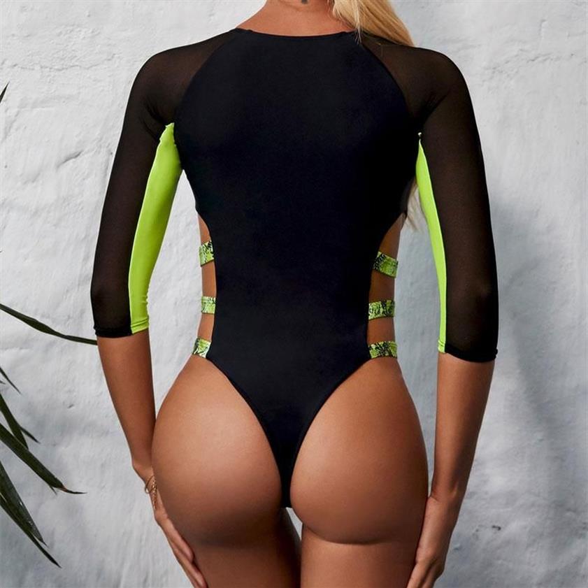 In-x Long Mesh Sleeve Swimsuit One Piece Zipper Sexig badkläder Kvinnor Monokini Thong Female Snake Print Swim Suit Bathers One-Piece 282Q