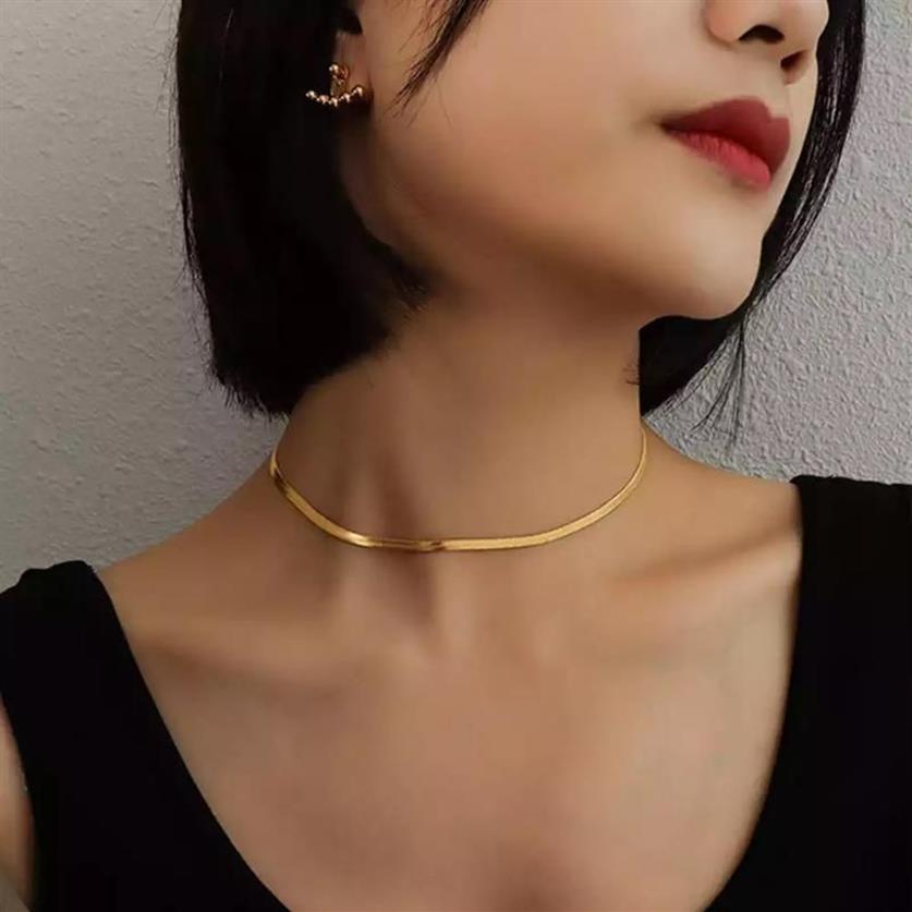 Kettingen 100% roestvrij staal platte visgraat ketting voor vrouwen goud zilver kleur sleutelbeen mes slang choker kettingen 2 5m295Q