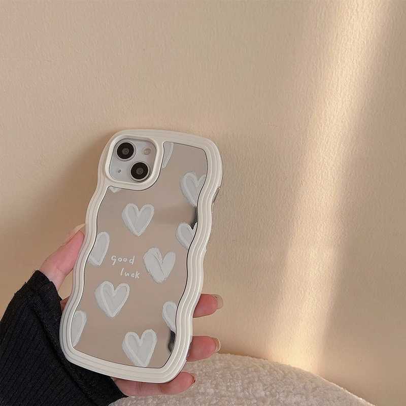 Cell Phone Cases Korean cute white heart-shaped makeup mirror box iPhone 14 15 Pro Max 13 11 12 14 Plus XS X XR shock-absorbing soft cover J240418