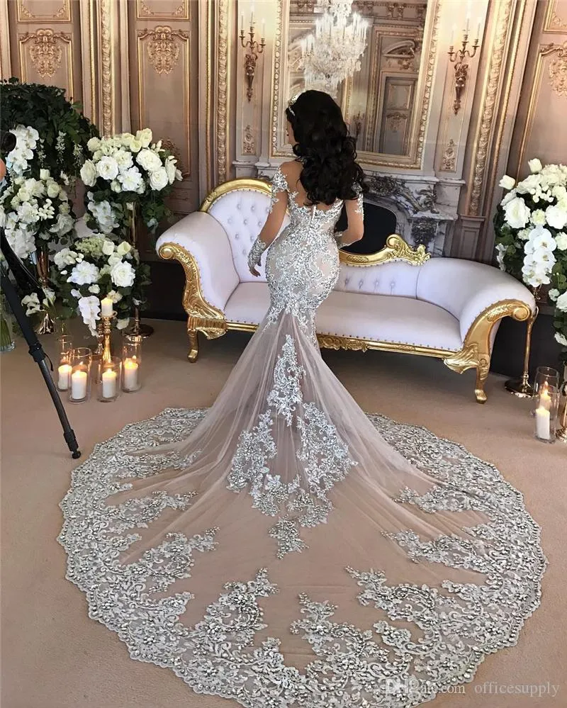 Stunningbride 2024 Sparkly Mermaid Wedding Dress 섹시한 깎아 지른 블링 구슬 레이스 아플리케 하이 목 환상 긴 소매 샴페인 트럼펫 신부 가운