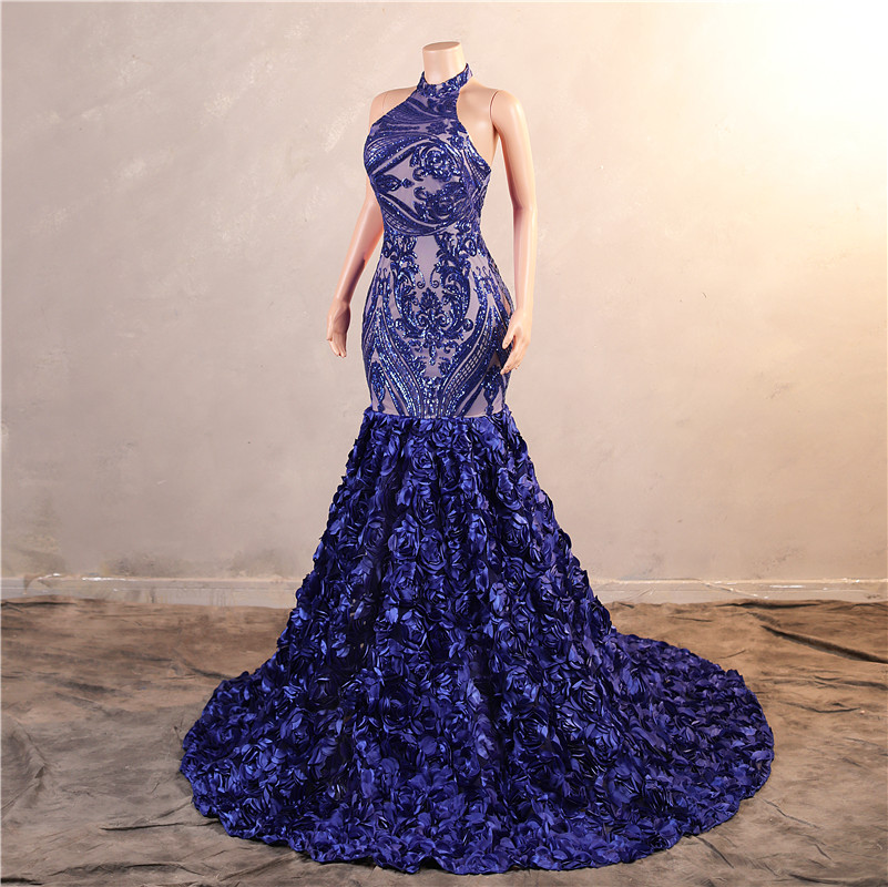 Cascading ruffles Royal Blue Mermaid Prom Dresses Sequined Lace Flowers Halter Neck Backless Long Women Evening Party Gowns Custom Made BM3507