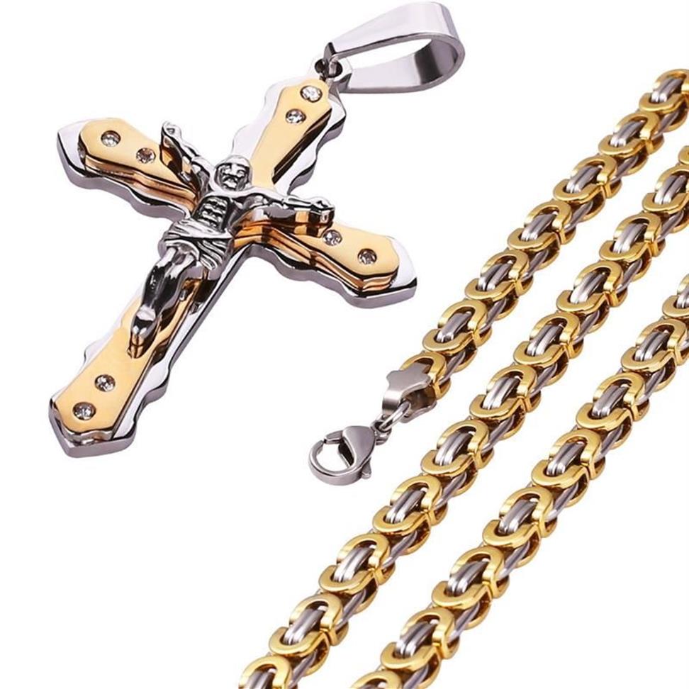 Ketten Schmuck Herren Byzantinisches Gold und Silber Edelstahl Christus Jesus Kreuz Anhänger Halskette Kette Mode Cool277P