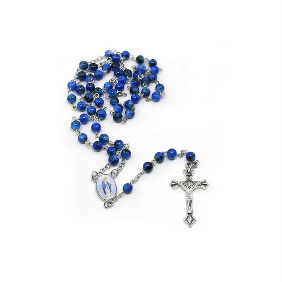 Ожерелья с подвесками католические христианские темно-синие хрустальные бусины Девы Марии INRI Распятие Крест Четки Ожерелье Религиозное крещение Jew241e