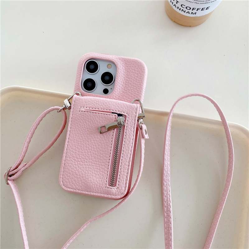 Luxury Crossbody Litchi Pattern Zipper Mirror Phone Case for iPhone 15 Plus 14 13 12 11 Pro Max XR XS Card Slot Lychee Print Leather Wallet Chain Bracket Back Shell