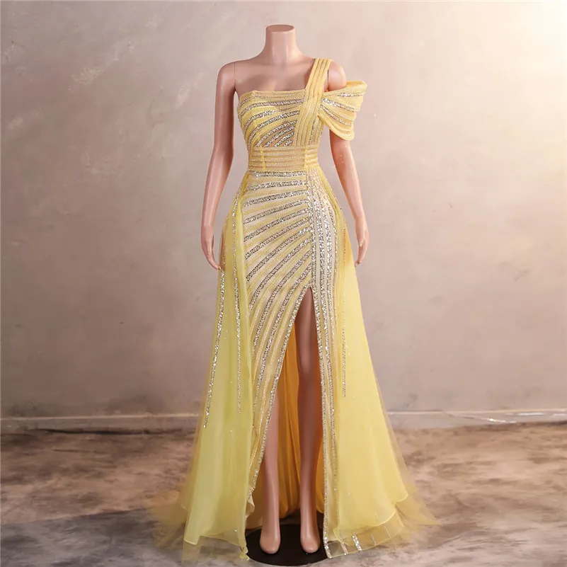 Luxury Beads Sequins Evening Dresses Sexy Side Split One Shoulder Spaghetti Backless Prom Gowns For Women Occasion Wears BM3509