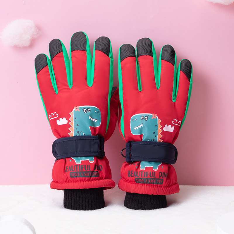 Children's ski gloves with plush and thick insulation, non slip gloves, cartoon waterproof and cold resistant for boys and girls