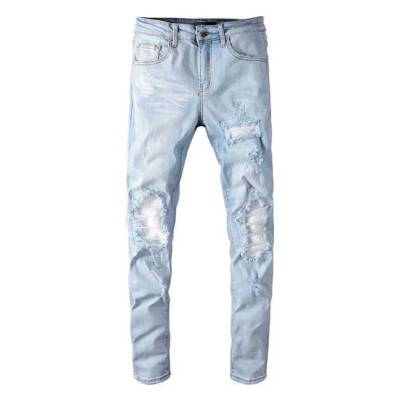 Designer Amirssripped Jeans Marque de mode pour hommes High Street Genou Fold Bleu clair Slim Elastic Trendsetter