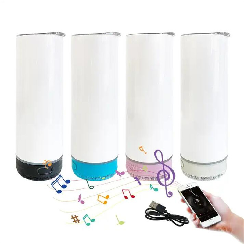 20oz Süblimasyon Boşlukları Müzik Hoparlör Tumbler Cup Çift Duvar Paslanmaz Çelik Vakum Yalıtımlı Kahve Kupaları Su geçirmez Kablosuz Bluetooth Hoparlör Düz bardak