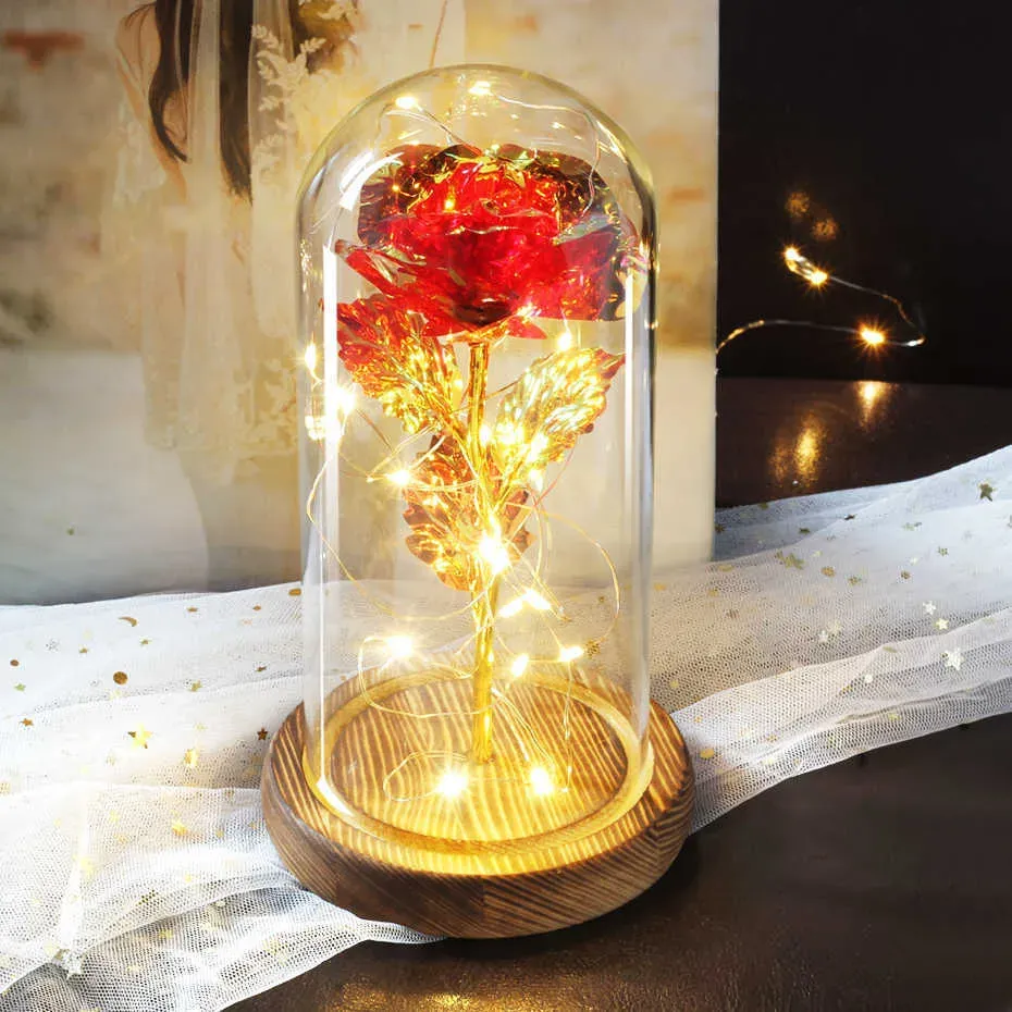 Valentine gift Beauty Eternal Rose Eternal LED light Beauty and Beast Rose in glass Dome birthday Gift for Valentine`s Day Q0812