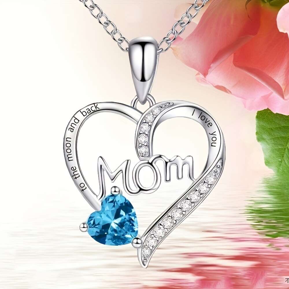 Colorful Rhinestone Decor Heart-shaped Lettering Pendant Necklace, Exquisite Holiday Birthday Gift for Mom From Daughter