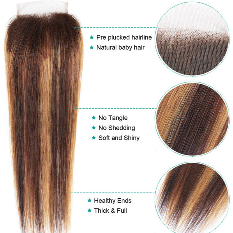 Peruvian Virgin Human Hair 27# 99J 30# P4/27 Färg 4x4 Spetsstängning Gratis mittdel toppstängningar rak yirubeauty