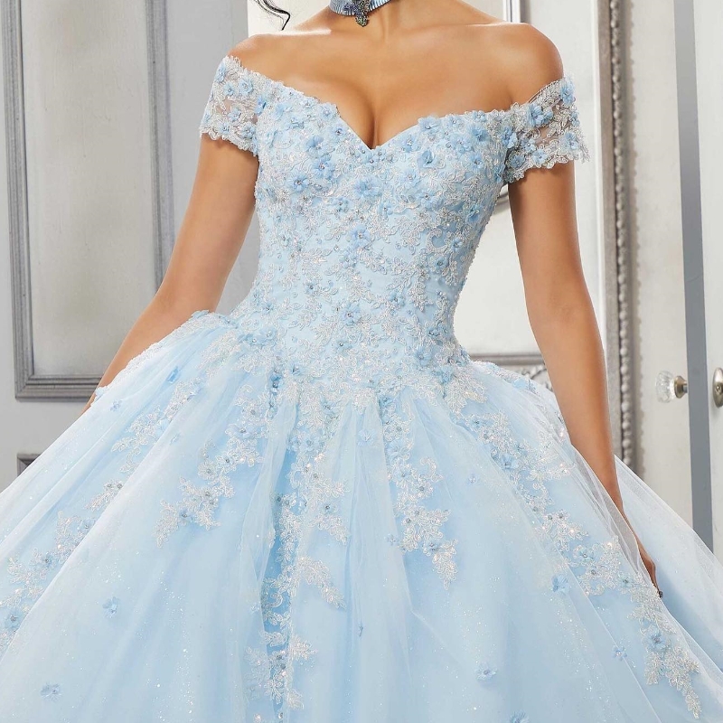 Bleu ciel brillant Quinceanera robes appliques dentelle cristal paillettes robe de bal sur l'épaule avec Cape Corset robes Para XV Anos