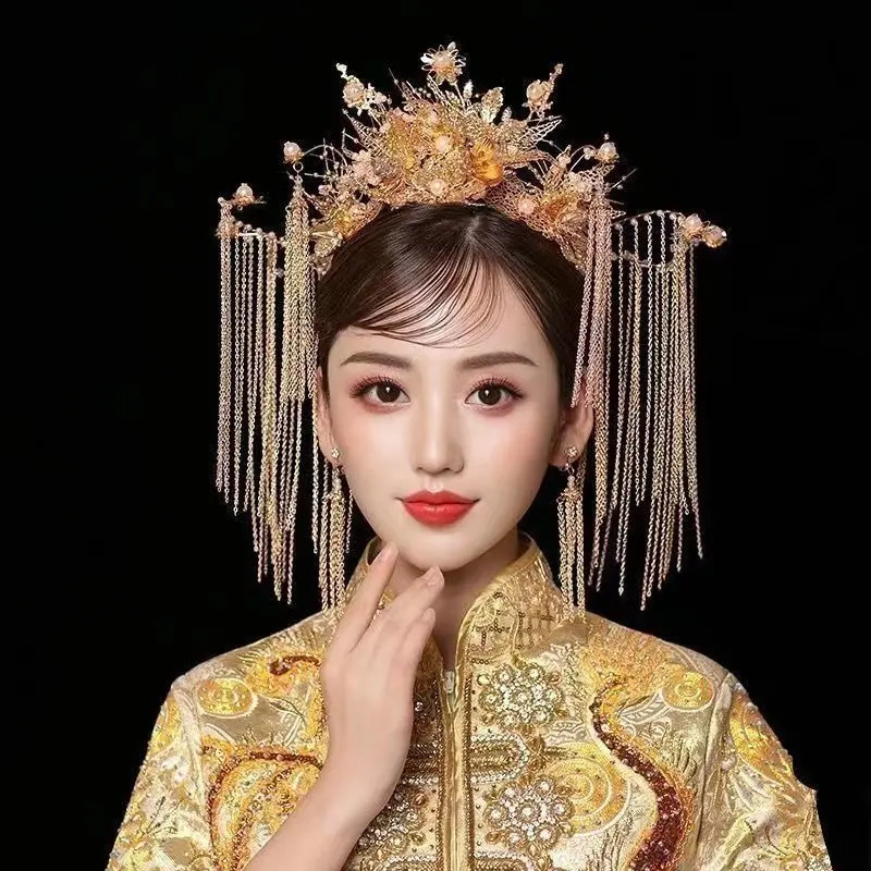 Kopfbedeckung Haarschmuck Chinesisches traditionelles Hochzeitsset für Bräute Hanfu Perlen Quasten Tiaras Kronen Frauen Vintage Dekoration 231207