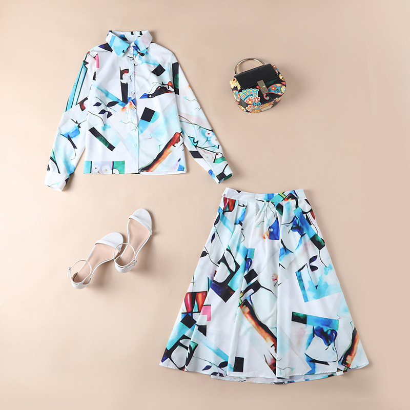 Women's Runway Designer Two Piece Dress Turn Down Collar Long Sleeves Printed Shirt with Floral Skirtw Fashion Twinset Sets