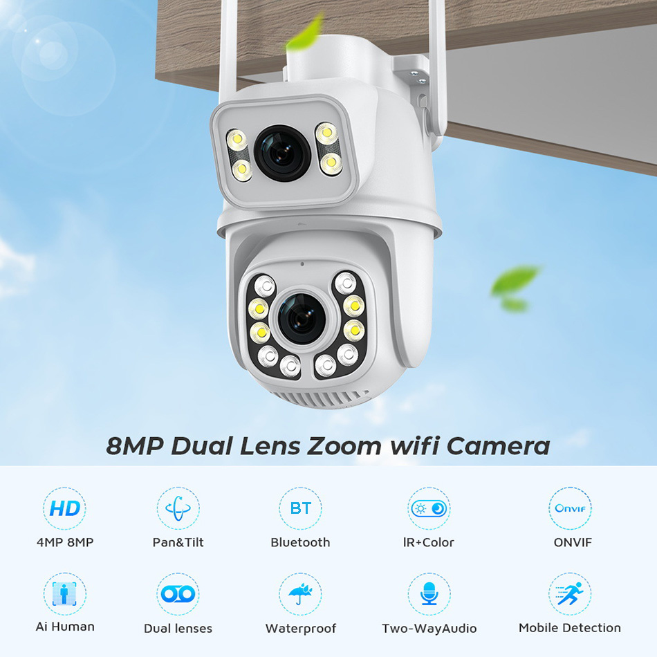 8MP PTZ IP Camera Dual Screen Night Vision Auto Tracking CCTV Wifi Surveillance Cameras Outdoor Security Protection iCSee