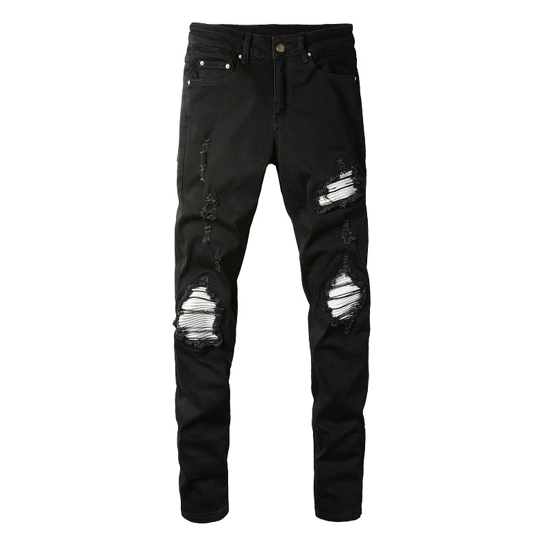 Herenjeans Trendy Europese en Amerikaanse high street verweerde zilveren patch elastische slim-fit high street jeans met kleine pijpen