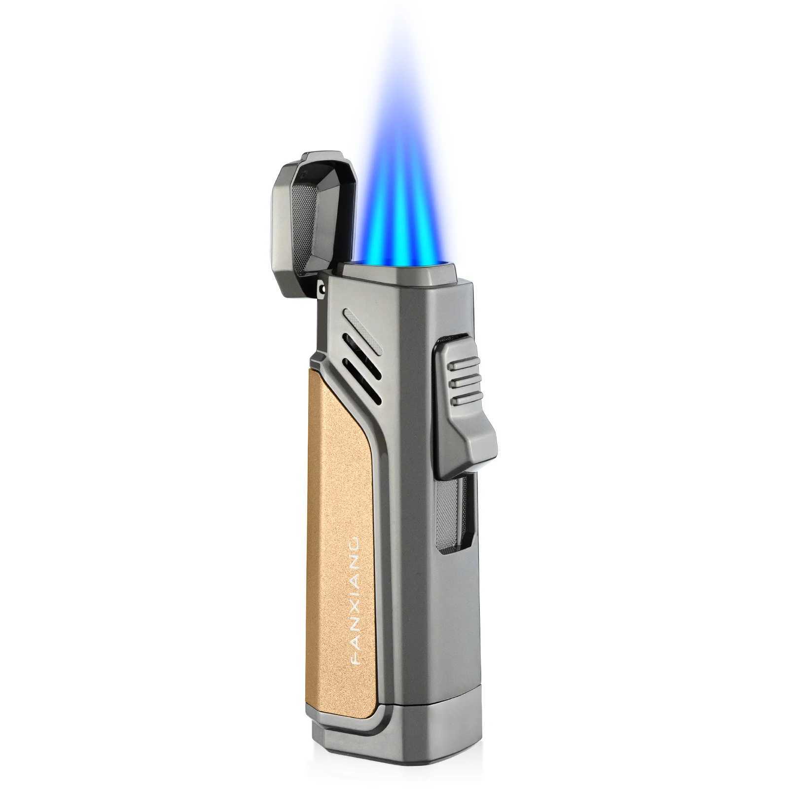 Зажигалка для сигар, ветрозащитная металлическая 3 струи, факел с синим пламенем, курительные зажигалки, надувные аксессуары, подарочная коробка, мужская