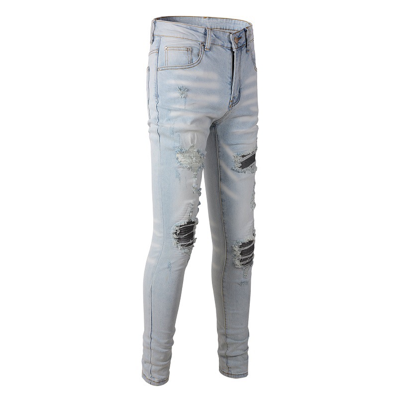 Jeans masculinos tendência de rua alta azul claro jeans desgastados com remendos masculinos, remendos de flores bordadas, ajuste fino